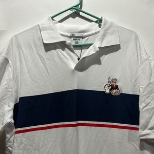 Zara Short Sleeve White Polo Shirt Cotton Sz XL Embroidered  POPEYE  New